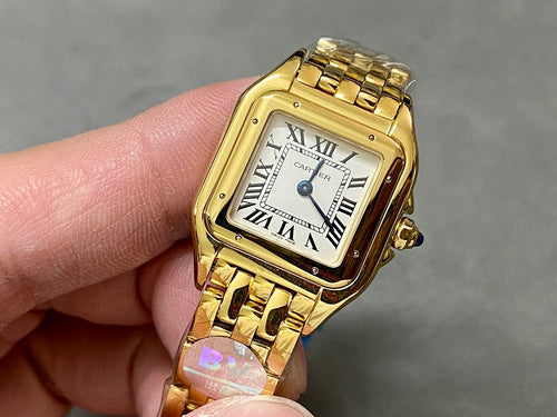 Gold-tone Cartier square wristwatch with Roman numeral dial and metal link bracelet