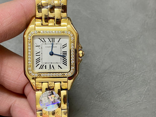 Cartier watch front view with square bezel, Roman numerals dial, and gold bracelet links
