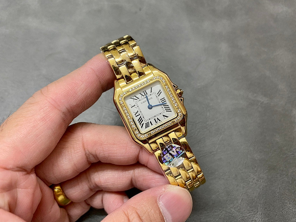 Cartier watch small wristwatch with square gold case and Roman numeral dial