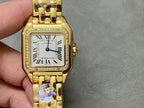 Cartier watch front view with Roman numeral dial, square gold case, and link bracelet