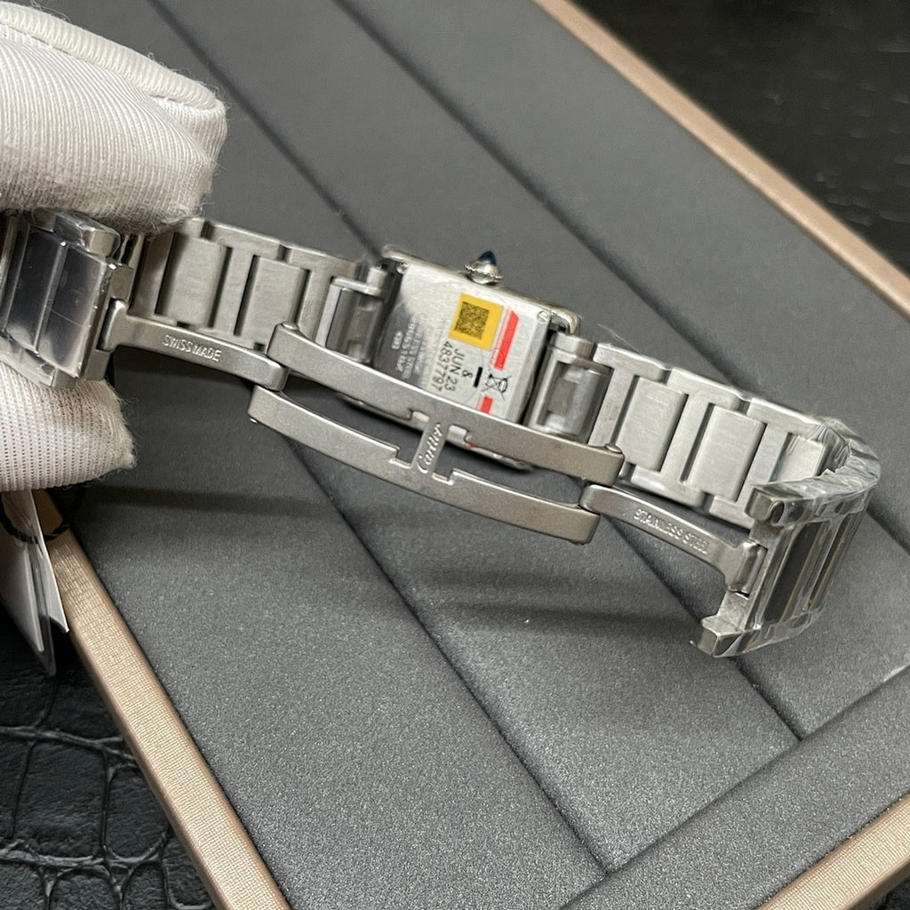 Cartier watch bracelet with clasp and case back, silver-tone close-up