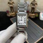 Cartier watch front view with silver-tone bracelet and white Roman numeral dial