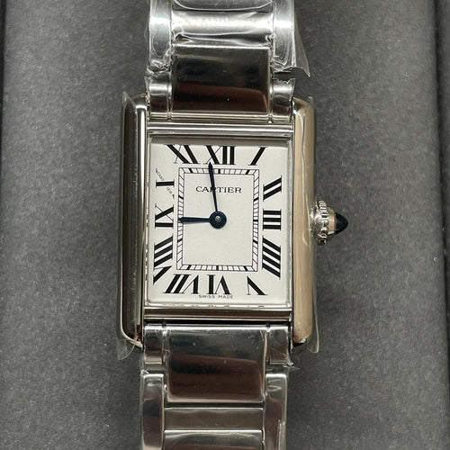Cartier watch with silver-tone rectangular case, white dial, Roman numerals