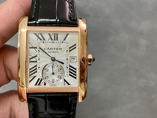 Cartier watch with rose-gold square case, white dial with Roman numerals, black strap