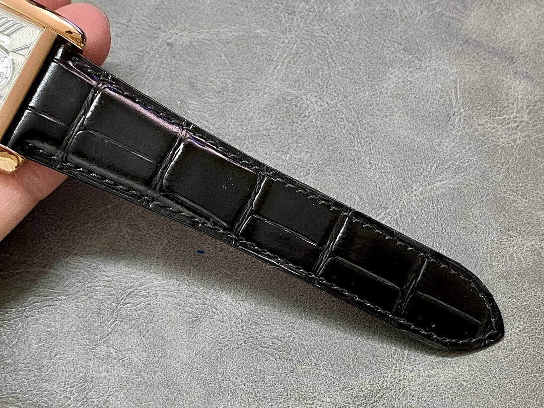 Cartier watch black leather strap, glossy with stitched edges