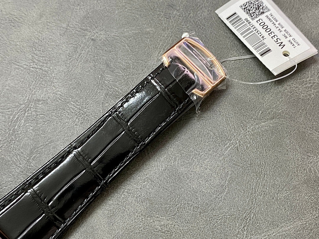 Cartier watch black leather strap with rose-gold buckle clasp