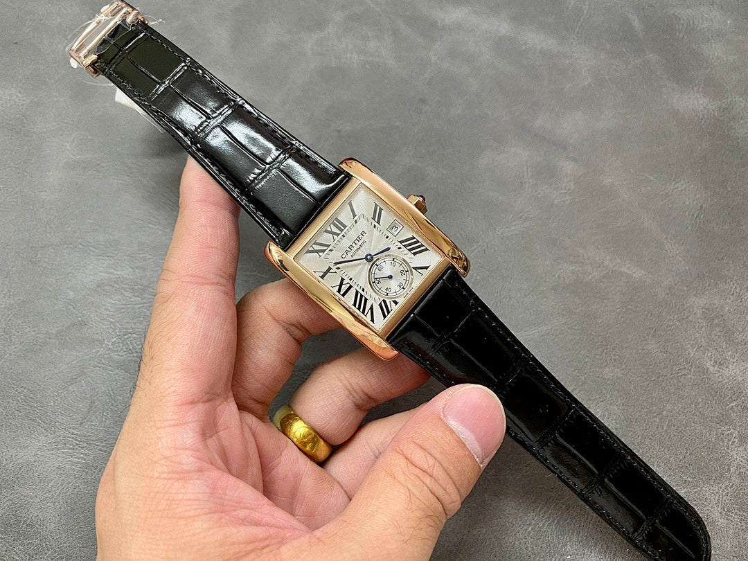 Cartier watch with rose-gold case, white dial, Roman numerals, black leather strap