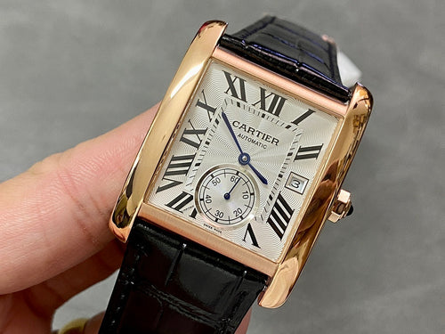 Cartier watch with rose-gold case, white dial, Roman numerals, black leather strap