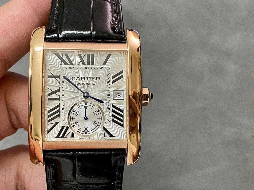 Cartier watch front view: rose-gold square case, white dial, black leather strap