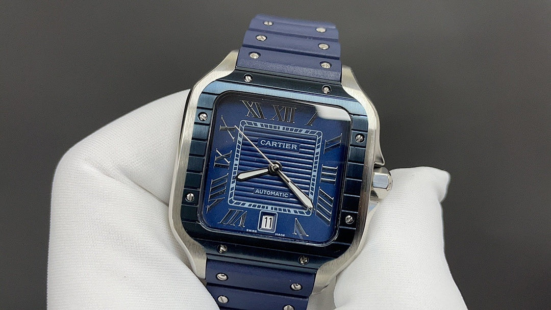 Cartier watch front view with blue dial, roman numerals, and blue strap