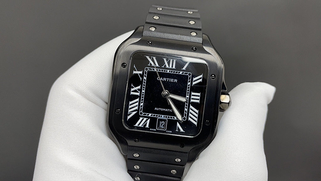 Cartier black dial automatic wristwatch on steel bracelet with Roman numerals