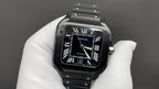 Cartier black dial automatic wristwatch on steel bracelet with Roman numerals