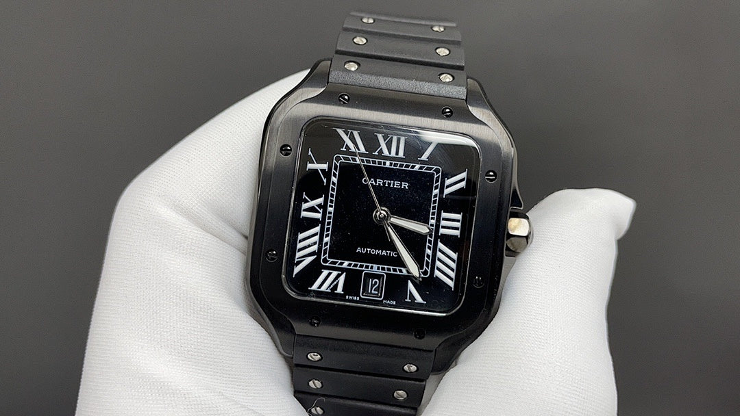 Cartier black dial automatic wristwatch on steel bracelet with Roman numerals