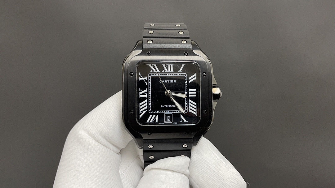 Cartier black dial wristwatch with Roman numerals, steel bracelet and crown side