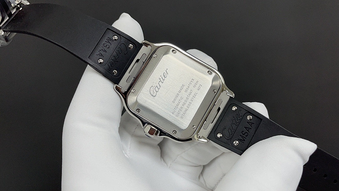 Cartier wristwatch with silver case and black leather strap, clasp and strap holes.