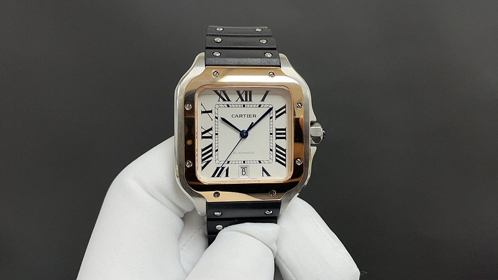 Cartier watch with gold-tone case, black strap, Roman numerals and blue hands