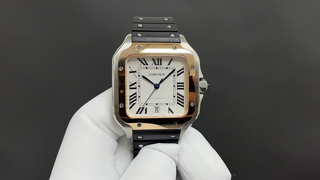 Cartier watch with gold-tone case, black strap, Roman numerals and blue hands