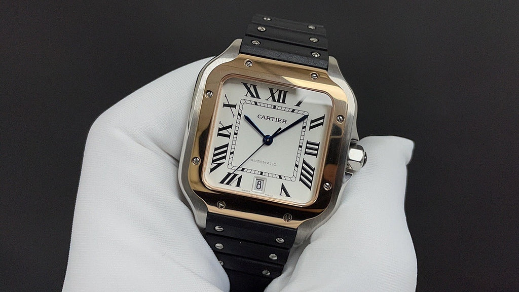 Cartier watch front view with cream dial, Roman numerals, gold-tone case