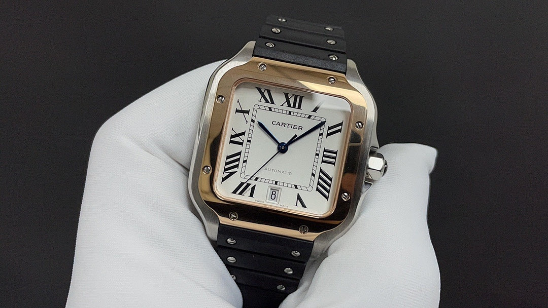 Cartier watch front view with cream dial, Roman numerals, gold-tone case