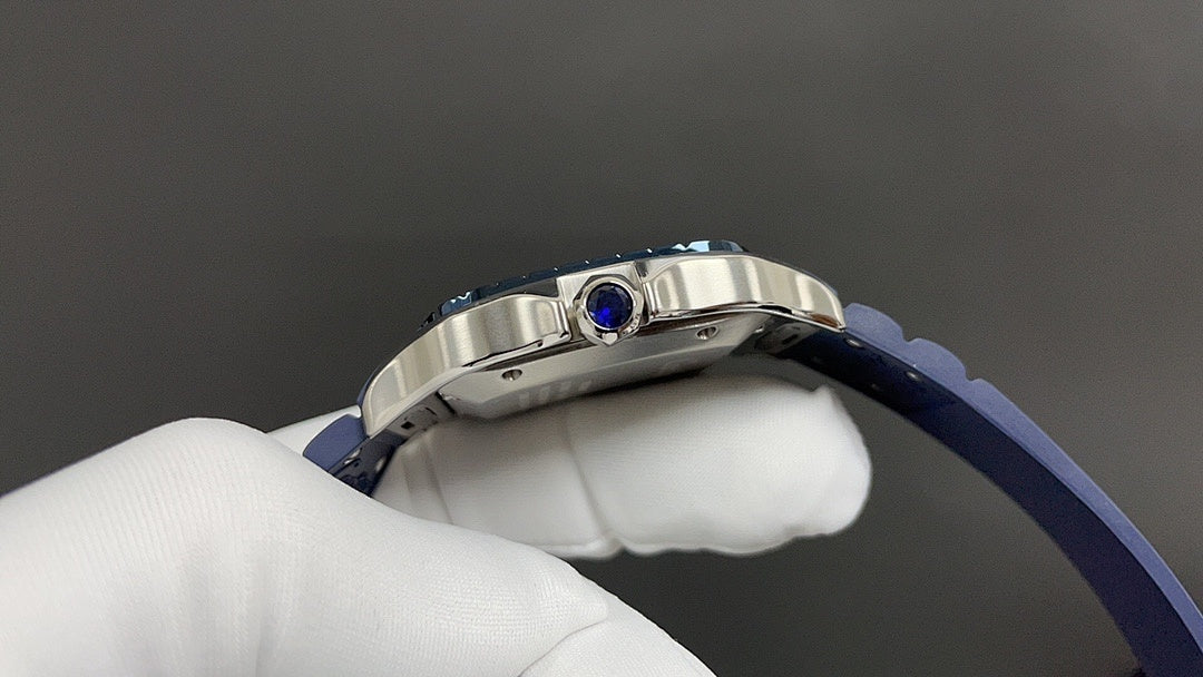 Cartier watch silver-tone case with blue leather strap, crown on right side