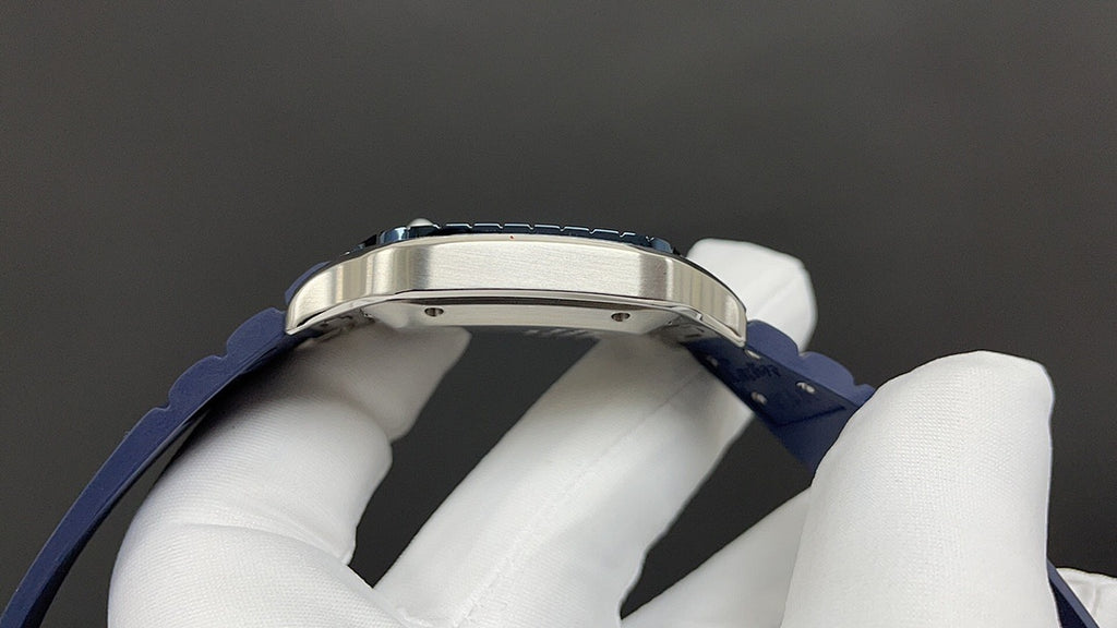 Cartier watch silver-tone case with blue leather strap and perforations