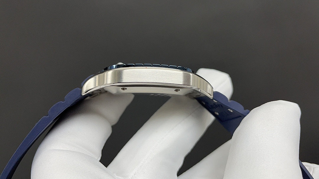 Cartier watch silver-tone case with blue leather strap and perforations