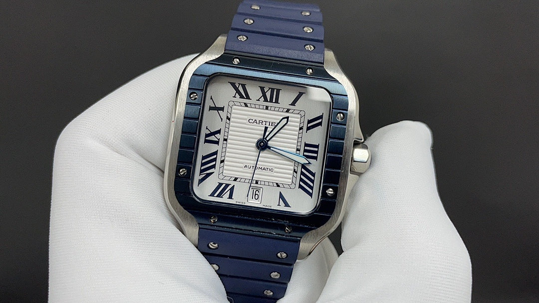 Cartier watch front view with blue dial, Roman numerals, and blue leather strap