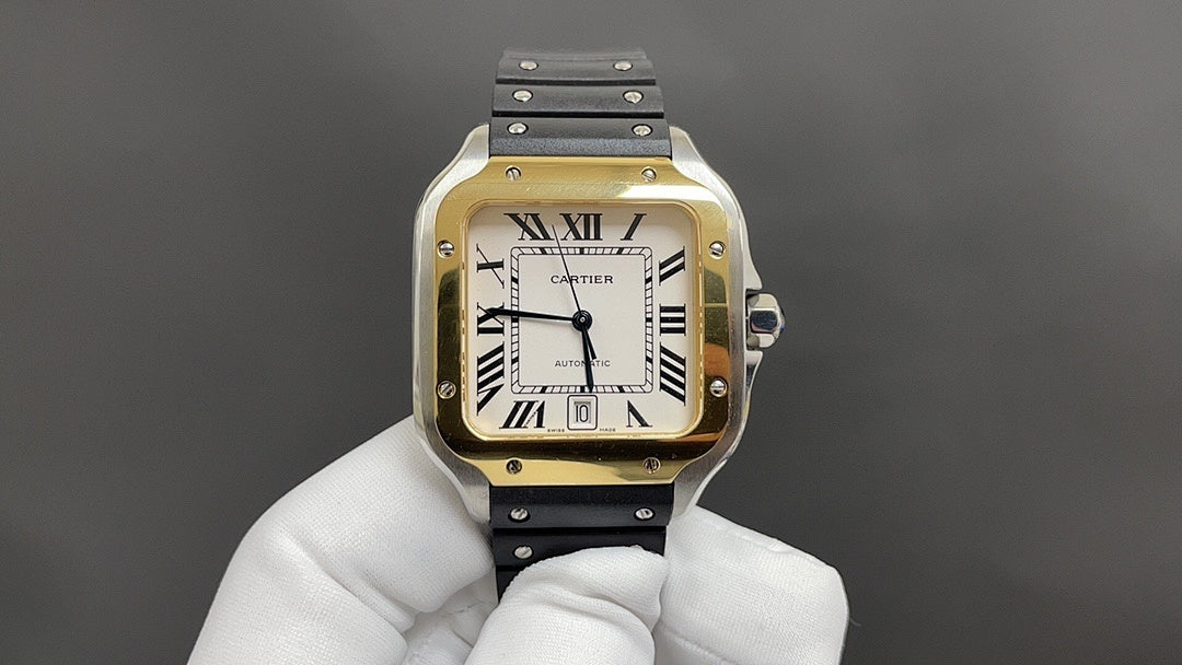 Gold-tone square wristwatch with black leather strap, Roman numeral dial