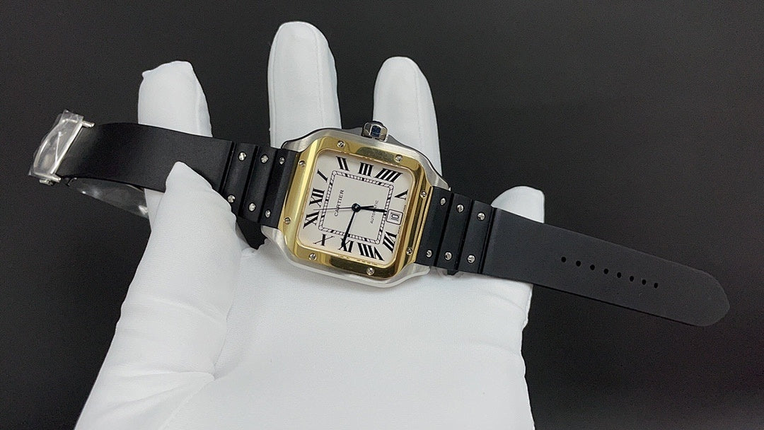 Gold-tone square wristwatch with black leather strap, Roman numeral dial and buckle
