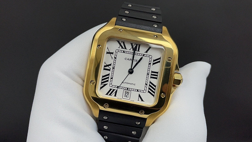 Gold Cartier watch front view with black strap, Roman numeral dial and minute marks