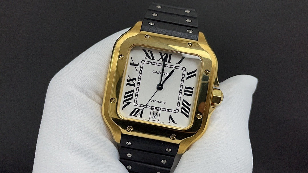 Gold Cartier watch front view with black strap, Roman numeral dial and minute marks