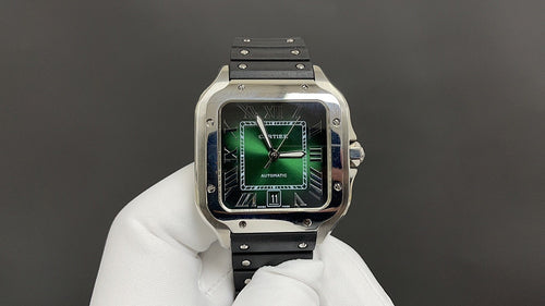 Cartier wristwatch with black rubber strap and silver case, green dial, baton markers