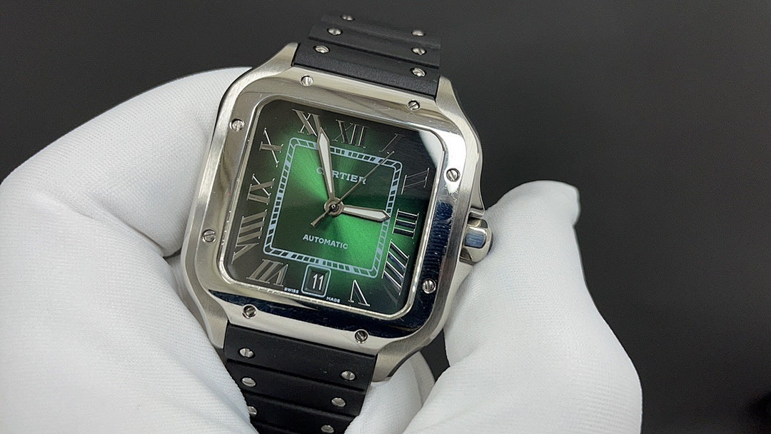 Cartier wristwatch front view with green dial, Roman numerals, silver case, black strap