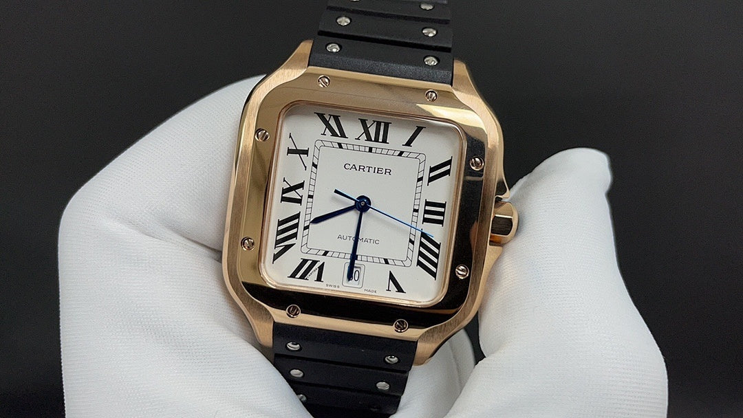 Cartier watch front view with gold-toned case, black strap, white roman numeral dial