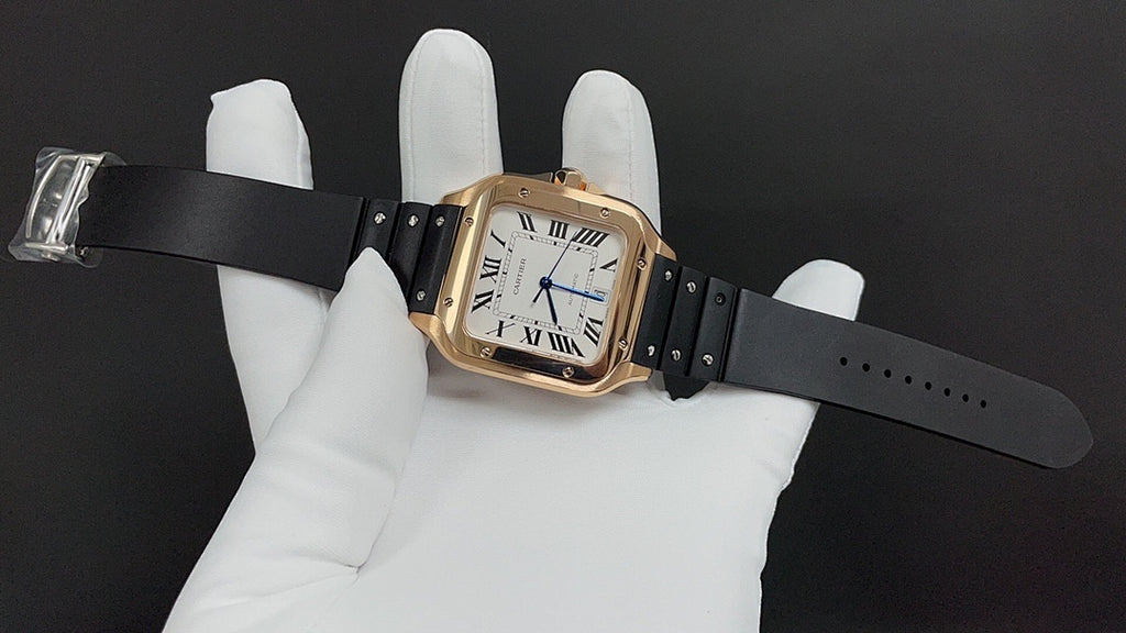 Cartier watch with black strap extended, held in white gloves