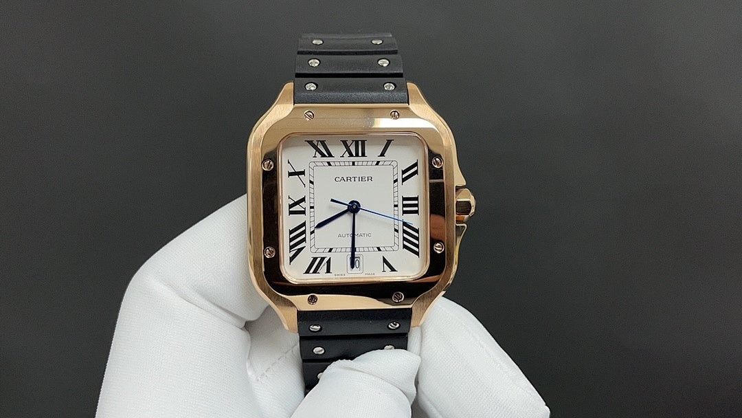 Cartier watch front view on white gloves, gold-toned case, black strap, roman dial