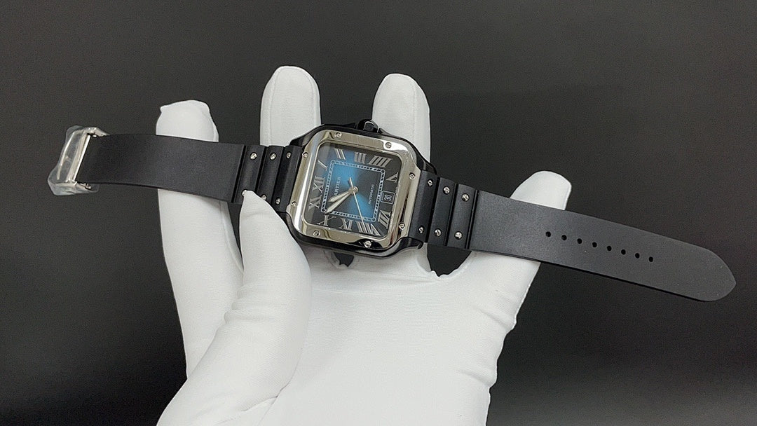 Cartier watch on wrist with black strap, blue dial visible in white gloves.