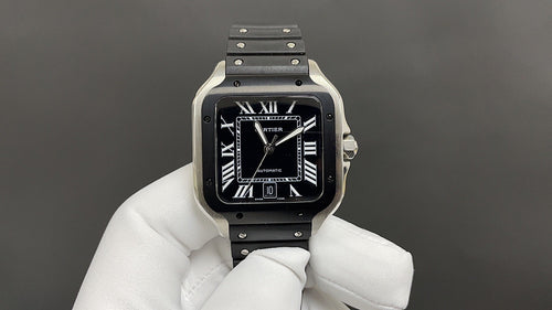 Men's Cartier watch with black dial, Roman numerals, steel case, black leather strap