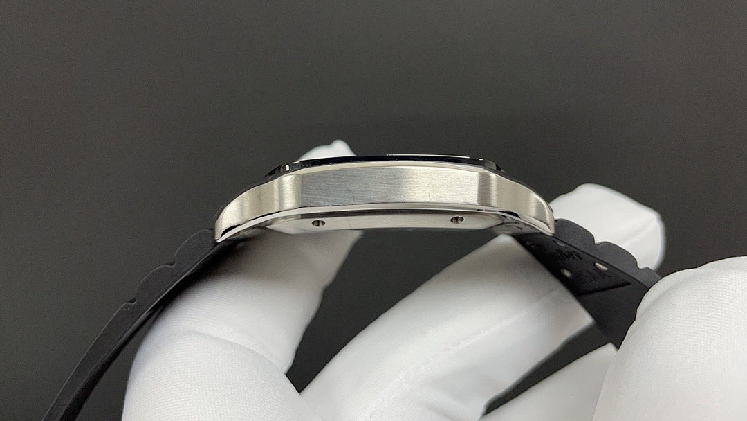 Cartier watch side profile with silver bezel and black leather strap