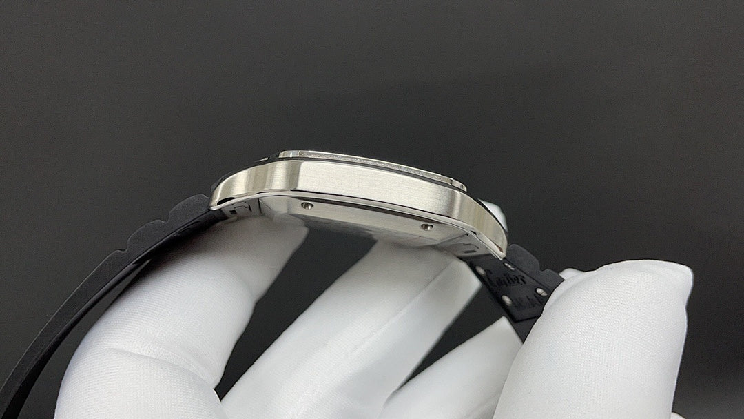 Cartier watch side profile with silver case edge and black leather strap.