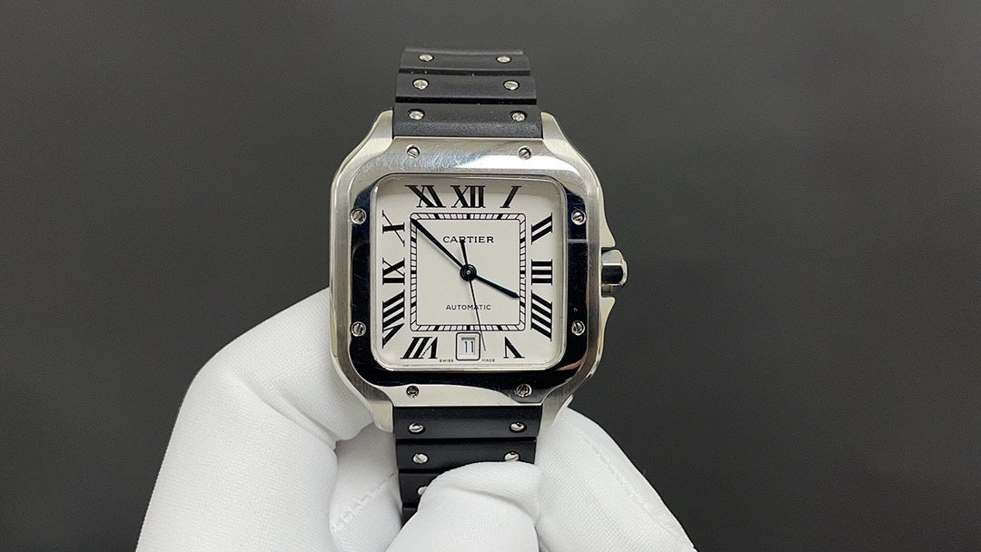 Cartier watch front view, Roman numeral dial, and black leather strap with silver case.