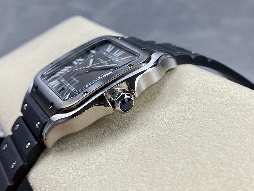 Cartier watch with black dial and Roman numerals on black studded strap