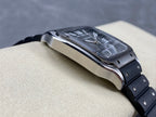 Cartier watch on black strap with silver case and Roman numeral dial