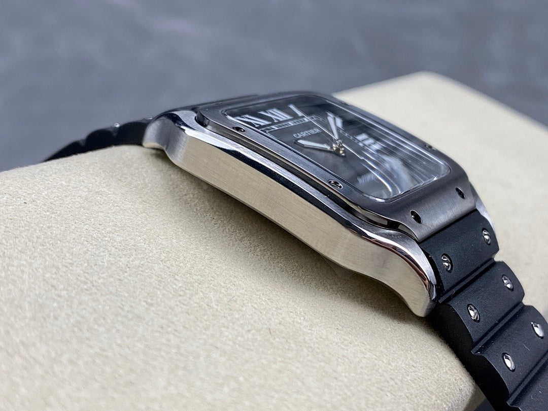 Cartier watch on black strap with silver case and Roman numeral dial