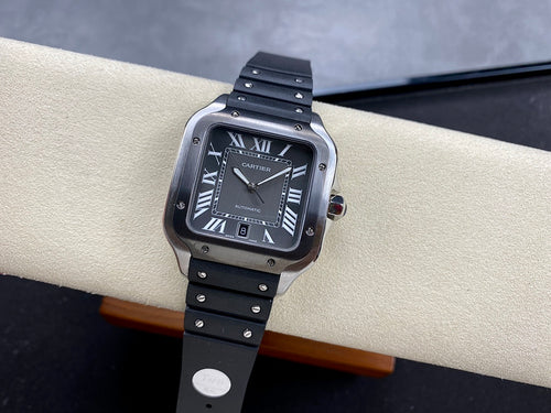 Cartier watch on black strap with Roman numeral black dial and silver case