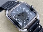 Cartier watch close-up of black dial with Roman numerals and automatic label