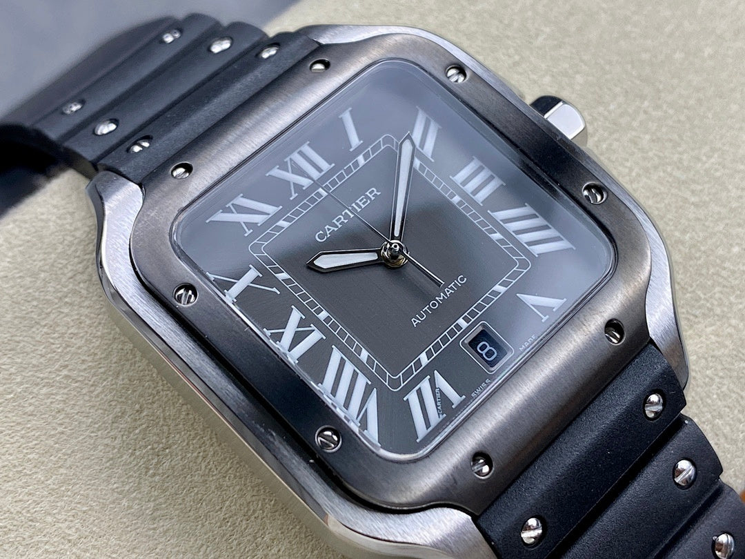 Cartier watch close-up of black dial with Roman numerals and automatic label