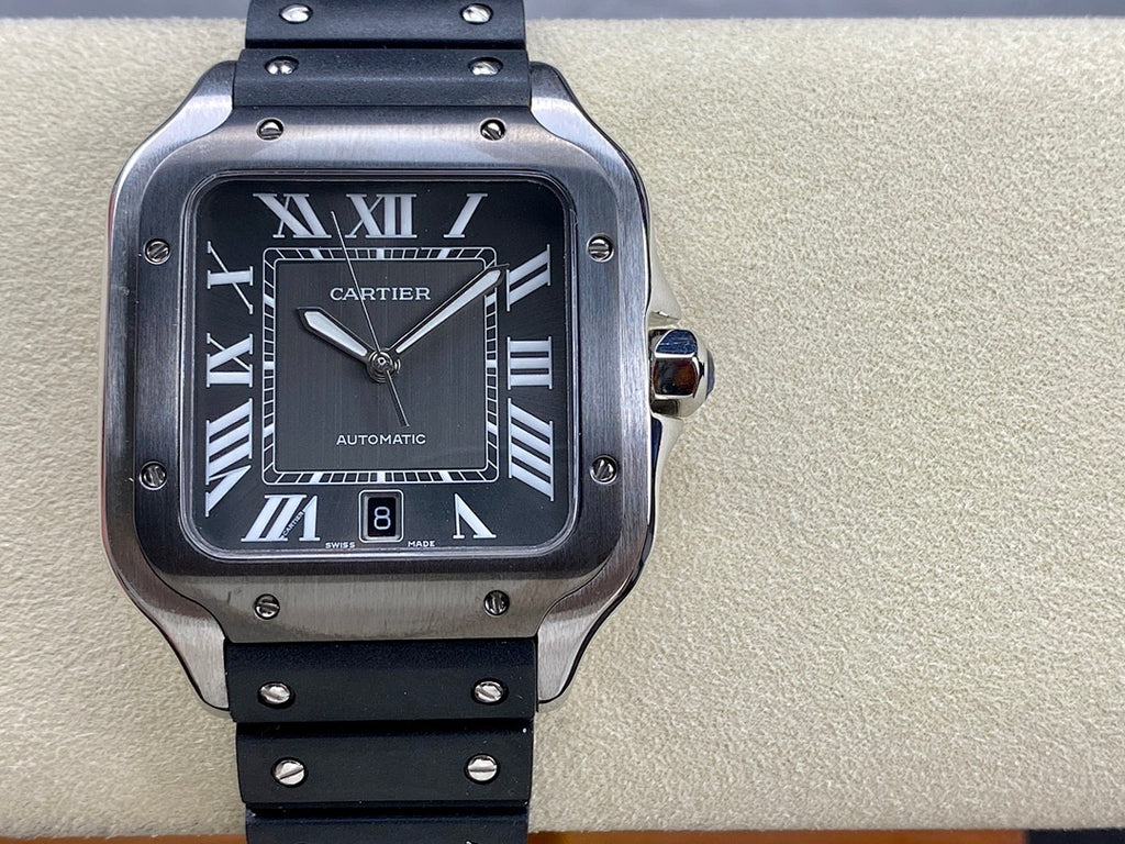 Cartier watch front view with black dial, Roman numerals, and black strap