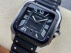Cartier wristwatch close-up with black dial, Roman numerals, and black metal bracelet details.