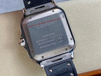 Cartier wristwatch case back with stainless steel finish and engraved markings on a black strap.